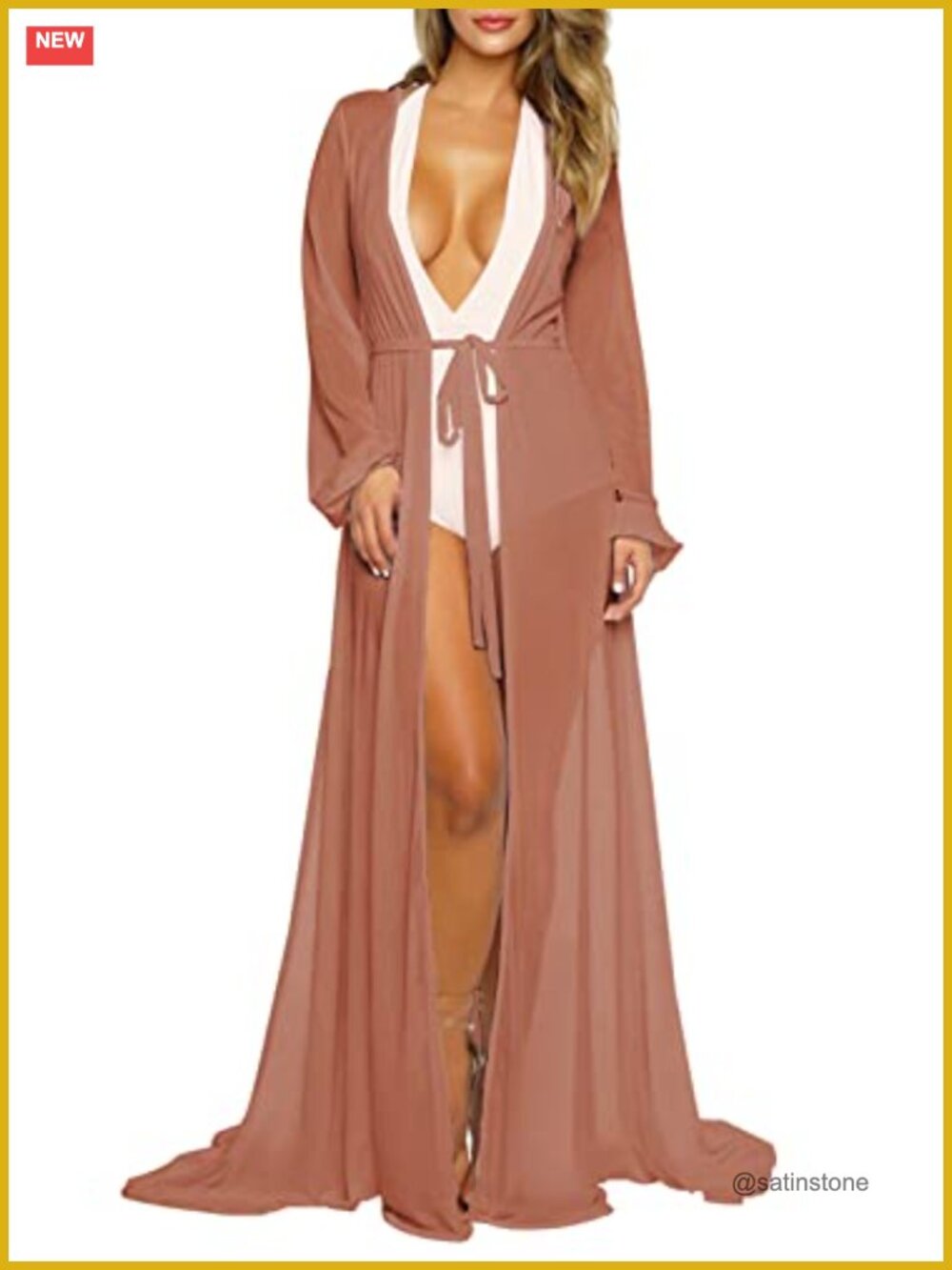 Flowy Maxi Swim Cover Up Tie Front Robe Long Sleeve Sheer Beach Dress